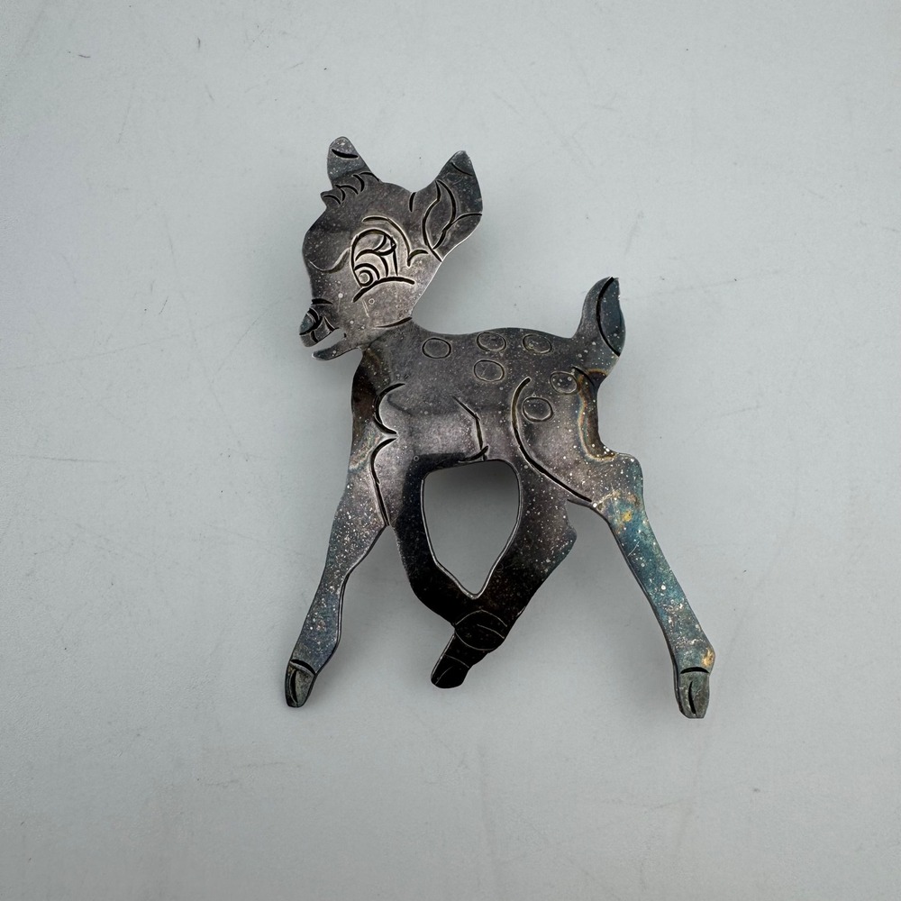 Vintage Fawn Deer Bambi Brooch Sterling Silver Vintage Etched Animal Pin